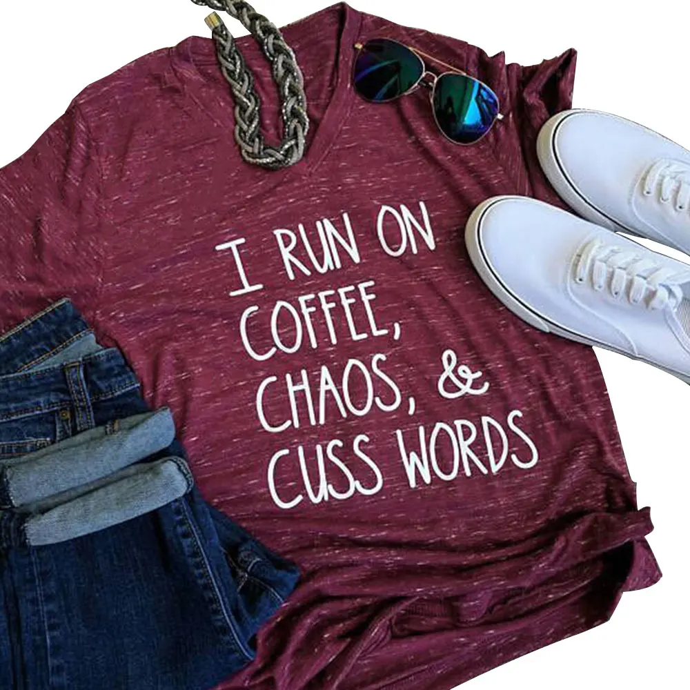 

Plus Size Fashion Women T-Shirts V-Neck On Coffee Chaos & Cuss Words T-Shirt 2018 Summer Casual Female Lady Tops Tee 3XL