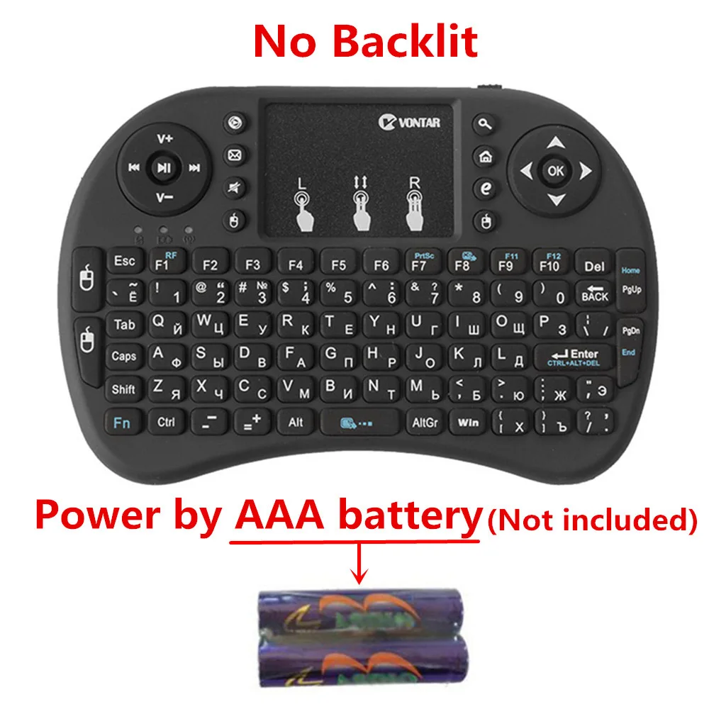 no backlit AAA batte VONTAR i8+ 2,4G мини беспроводная клавиатура 7 цветов с подсветкой, английская русская сенсорная панель, портативная воздушная мышь для Android tv Box x96 Mini - Цвет: no backlit AAA batte