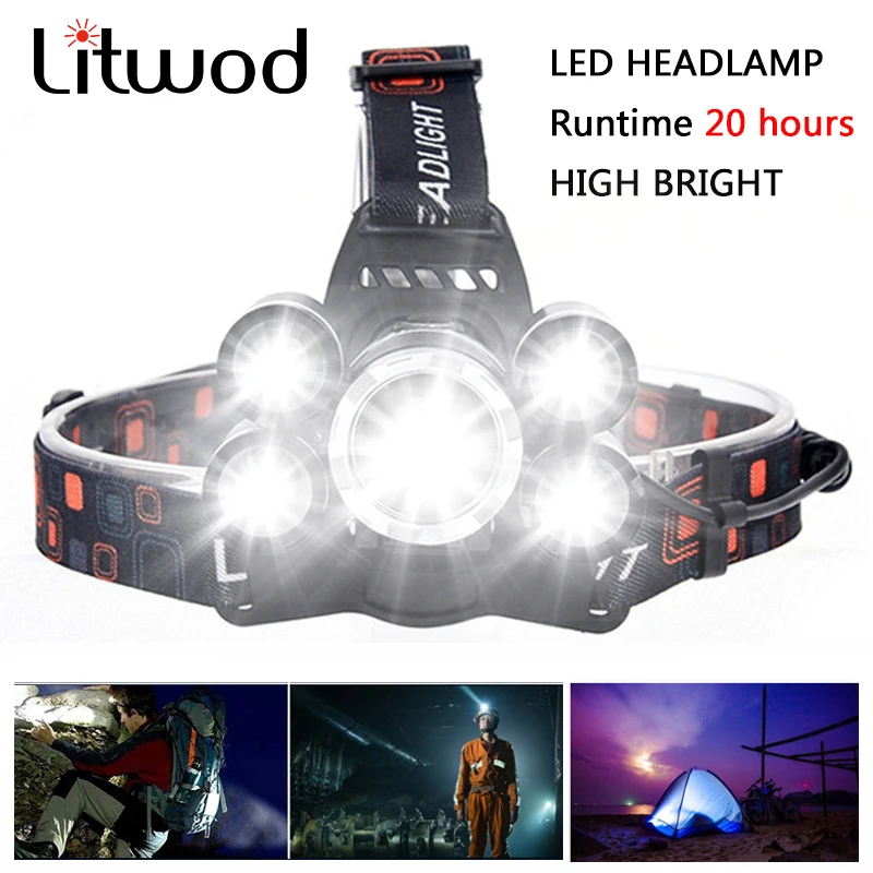 

Налобный фонарь Litwod z20, 5 светодиодный ных ламп высокой мощности, 18650 лм, перезаряжаемый,