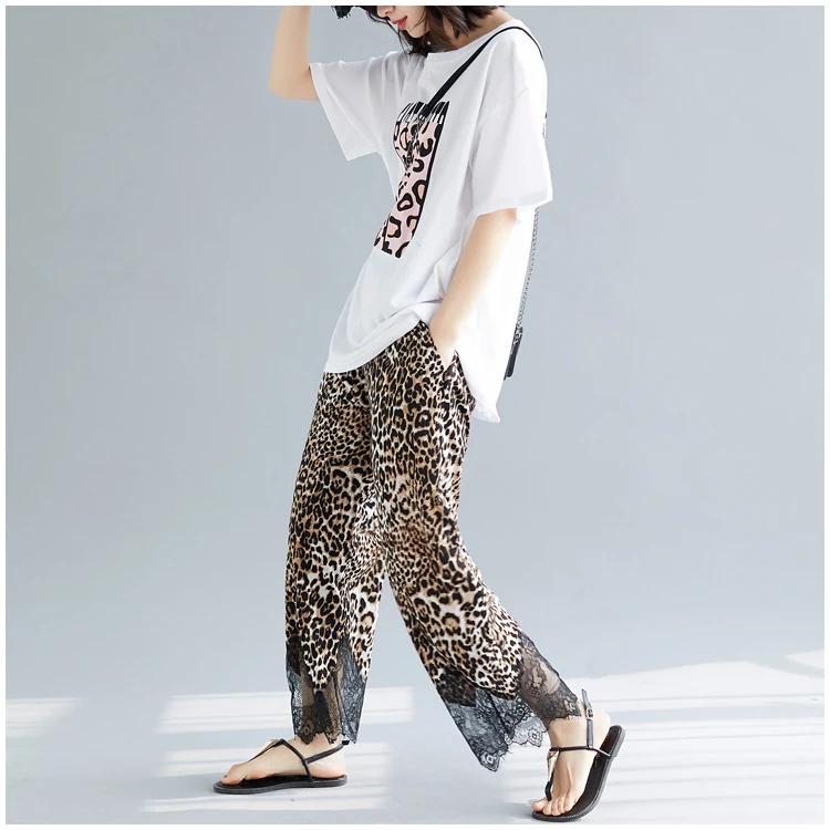 2019 Summer Fashion Streetwear Lace Patchwork Leopard Pants Women Casual | Женская одежда