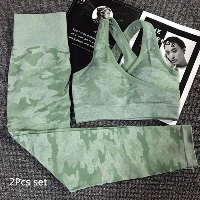 Green 2 Pcs Set Комплект из 2 предметов с камуфляжным принтом Йога Комплект Для женщин бесшовный спортивный бюстгальтер для фитнеса йога бюстгальтер+ Высокая Талия тренажерный зал камуфляжной расцветки, легинсы, штаны для фитнеса костюмы тренировки - Цвет: Green 2 Pcs Set