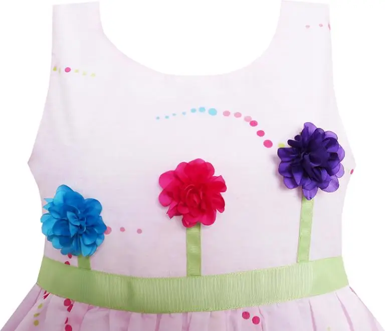 Girls Dress Colorful Dot 3 Flower Green Belt Party Birthday Children 2020 Summer Princess Wedding Size 4-12 Carnival Vestidos | Детская