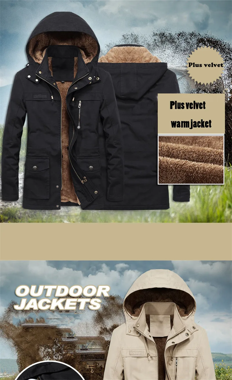 Плюс бархатная мужская зимняя куртка 4XL 5XL парка флис мех с капюшоном Военная куртка пальто карманы ветровка куртка для мужчин