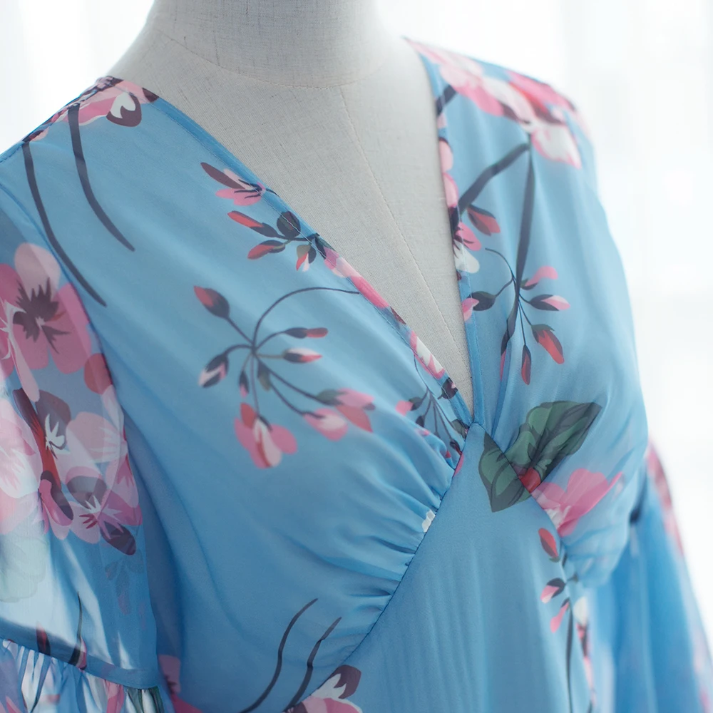 Женское винтажное шифоновое платье макси с v образным вырезом и расклешенными