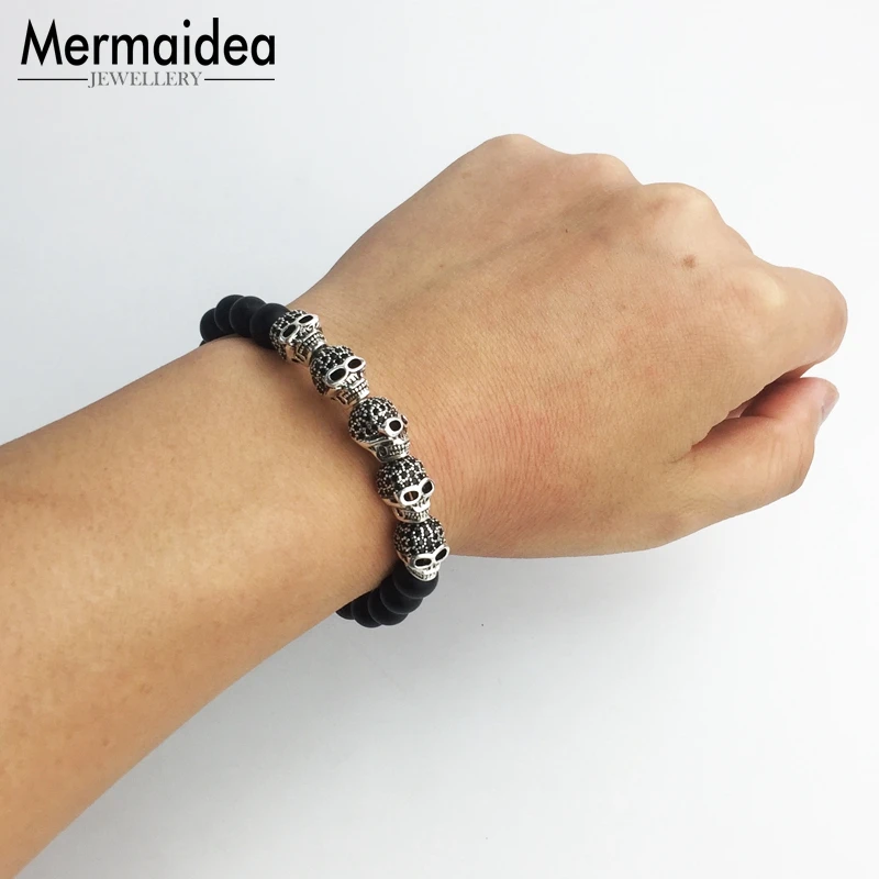 8 мм обсидиан матовые бусины пять посеребренных черных черепа Карма Браслеты Из