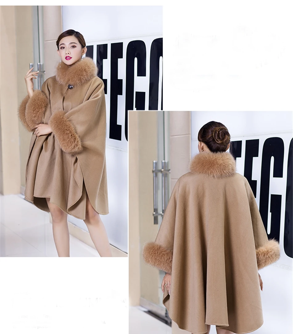 Black Pashmina Cashmere Coat Shawls with Fox Fur Wool Scarf Collar Poncho Wrap Outwear Plus Size | Женская одежда