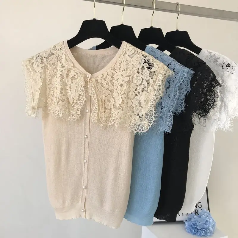 ALPHALMODA Летний Женский вязаный кардиган с кружевным воротником, однобортный кружевной кардиган в стиле пэчворк, милая Повседневная летняя одежда