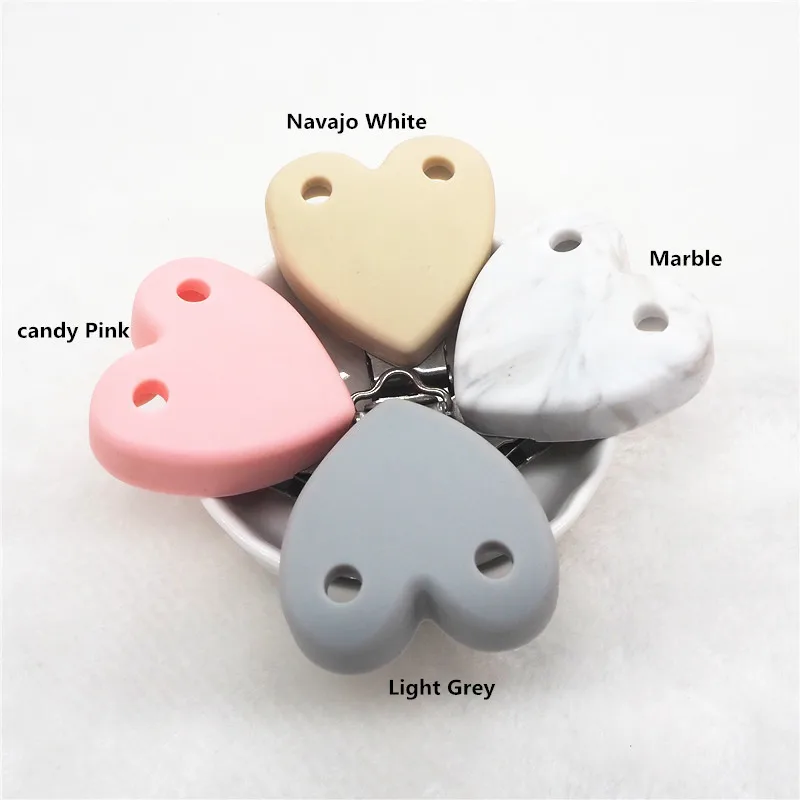 Chenkai 50pcs BPA Free 2 holes Silicone Heart Clips DIY Baby Rattle Teether Pacifier Dummy Montessori Sensory Holder Chain Clips