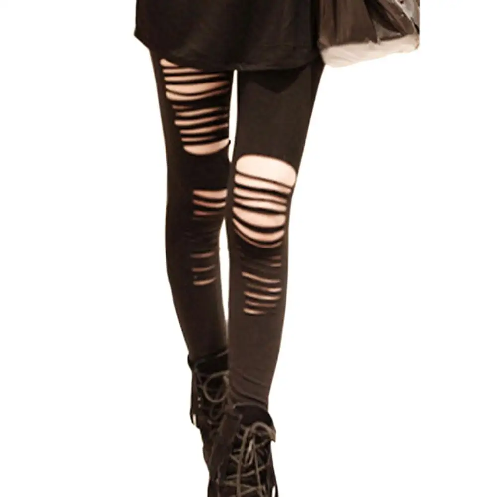 Сексуальные черные модные брюки карандаш с вырезами леггинсы в горизонтальную