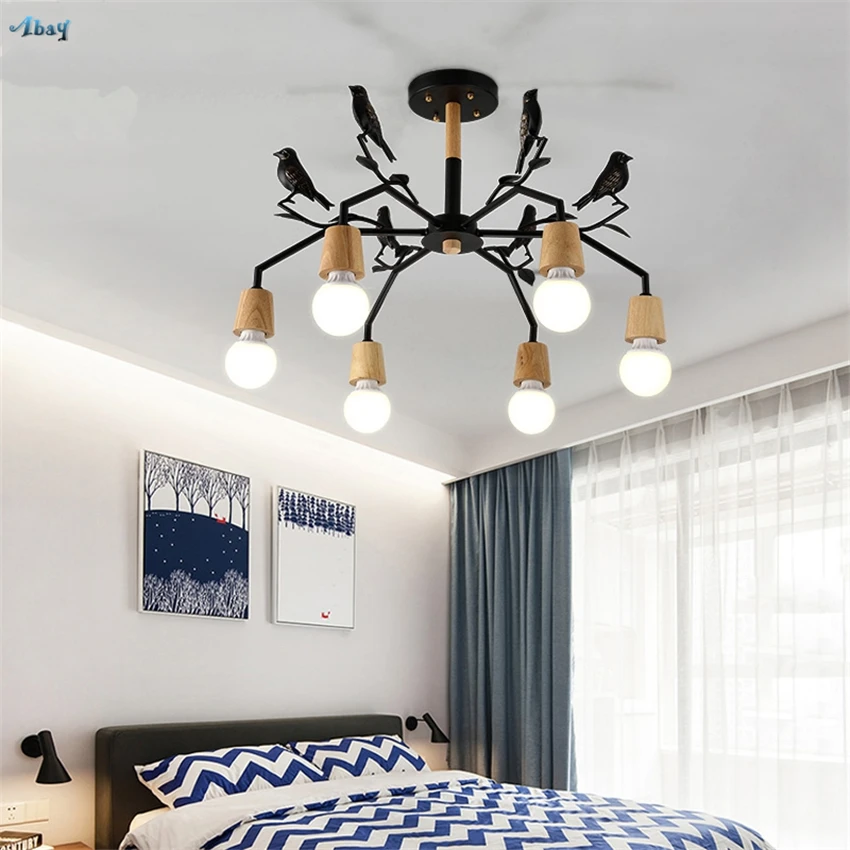 

Nordic Birds Chandeliers Lights Living Room Children's Bedroom Lamps Log Restaurant Iron Hanging Suction Top Lighting Fixtures