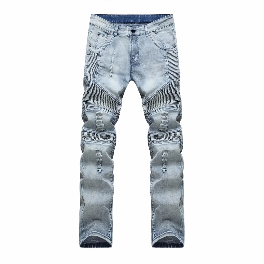 Мужчины хип-хоп Denim огорчен рваные отверстия джинсы тощий тонкий байкерские |