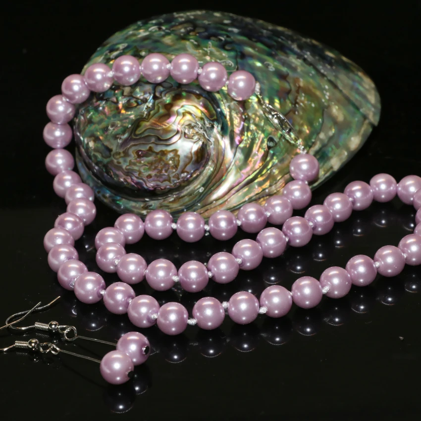 

Free shipping fashion charms women necklace earrings 8mm light purple imitation pearl shell round beads jewelry set 18inch B2364