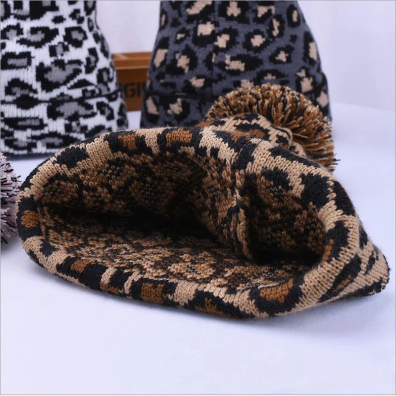 

Ymsaid 2018 New arrival Leopard Printed Ball Hats For Women Winter Warm Knitted Caps Pompoms Fur Hat Fashion Ladies Beanies