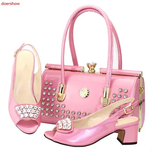 

doershow Fashion Rhinestone pink Shoes And Bag Set Newest African Women low Heels Pumps Matching Purse For Wedding!BDN1-5