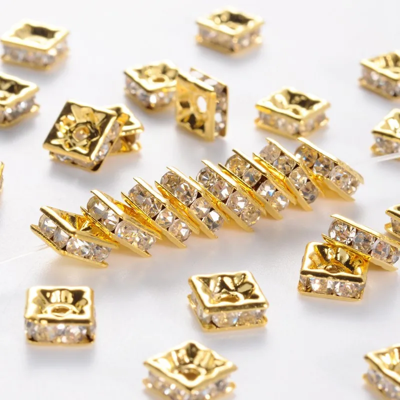 100pcs 6x6x3mm Square Brass Crystal Rhinestone Spacer Beads Grade A for Jewelry Making DIY Bracelet Findings Golden Metal Color|Бусины| |