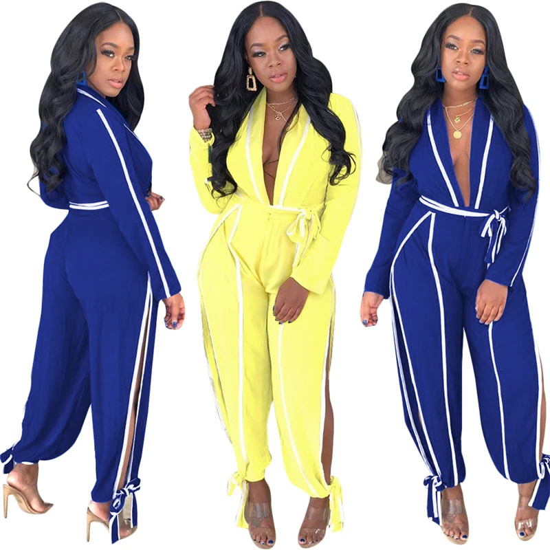 Adogirl White Trim Patchwork Women Jumpsuit Sexy Deep V Neck Long Sleeve Romper Side Slit Bow Tie Loose Pants Casual Overalls