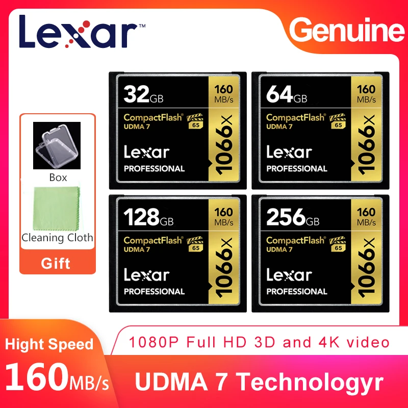 

Lexar Professional 160MB/S 1066x CF 32GB 64GB 128GB 256GB VPG-65 CompactFlash Memory Card For 3D 4K Full HD Video DSLR Camera