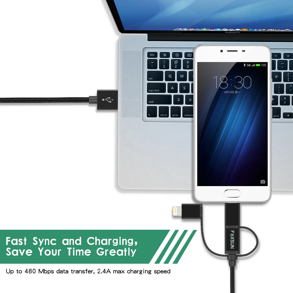 USB кабель 3 в 1 с разъемом Lightning для iPhone 8 7 Micro быстрой зарядки Type C Oneplus 5 Samsung Galaxy S8 LG