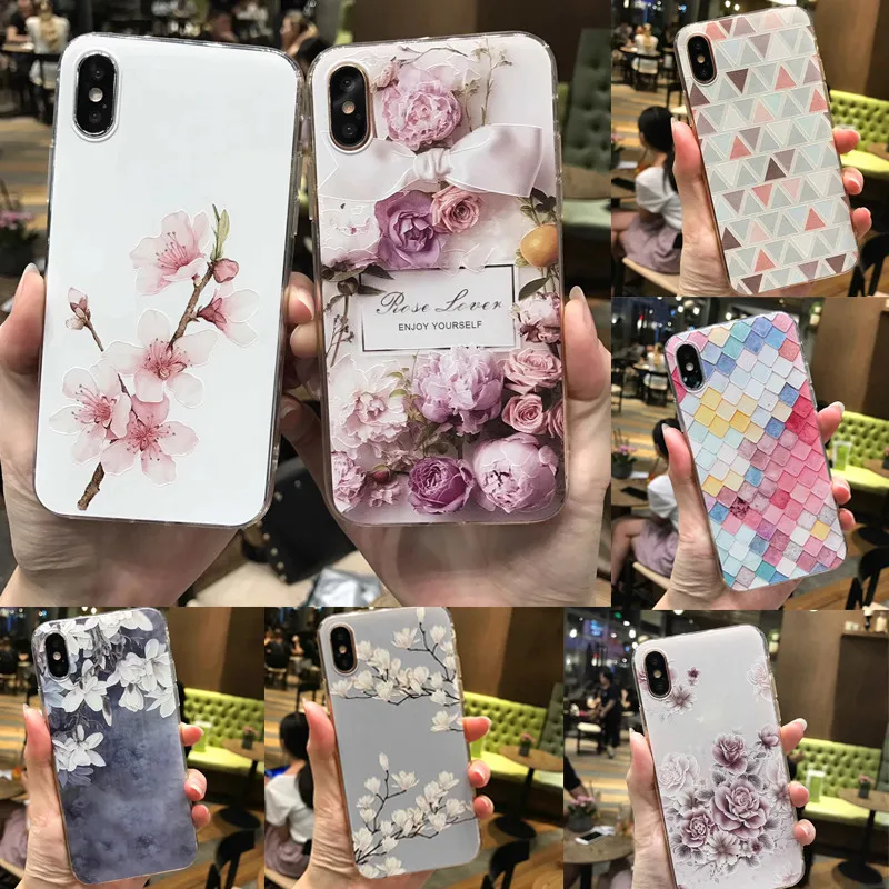 3D Flower Emboss Case For iPhone 7 6 6s 8 Plus for Patterned Soft Silicone TPU Back Cover x |