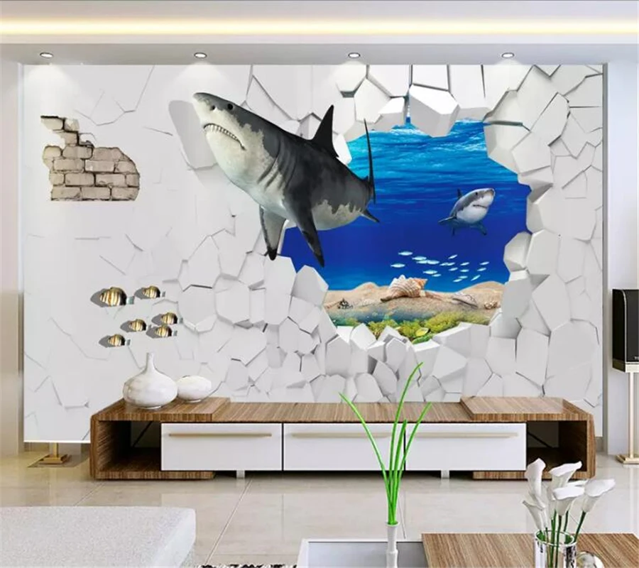 beibehang Custom 3d wallpaper fashion sea shark broken wall picture-in-picture TV background papers home decor | Обустройство дома