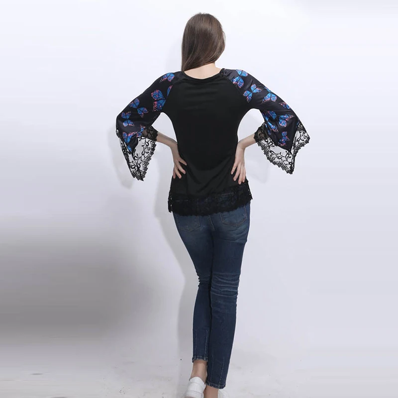 Модная женская кружевная Лоскутная футболка с v образным вырезом и бабочкой