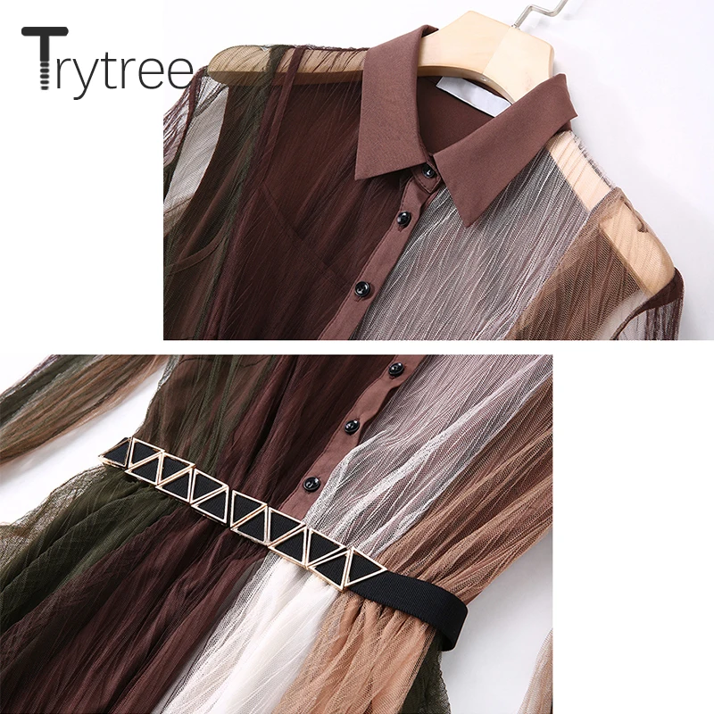 Летнее Повседневное платье-рубашка Trytree с поясом женские многоцветные сетчатые