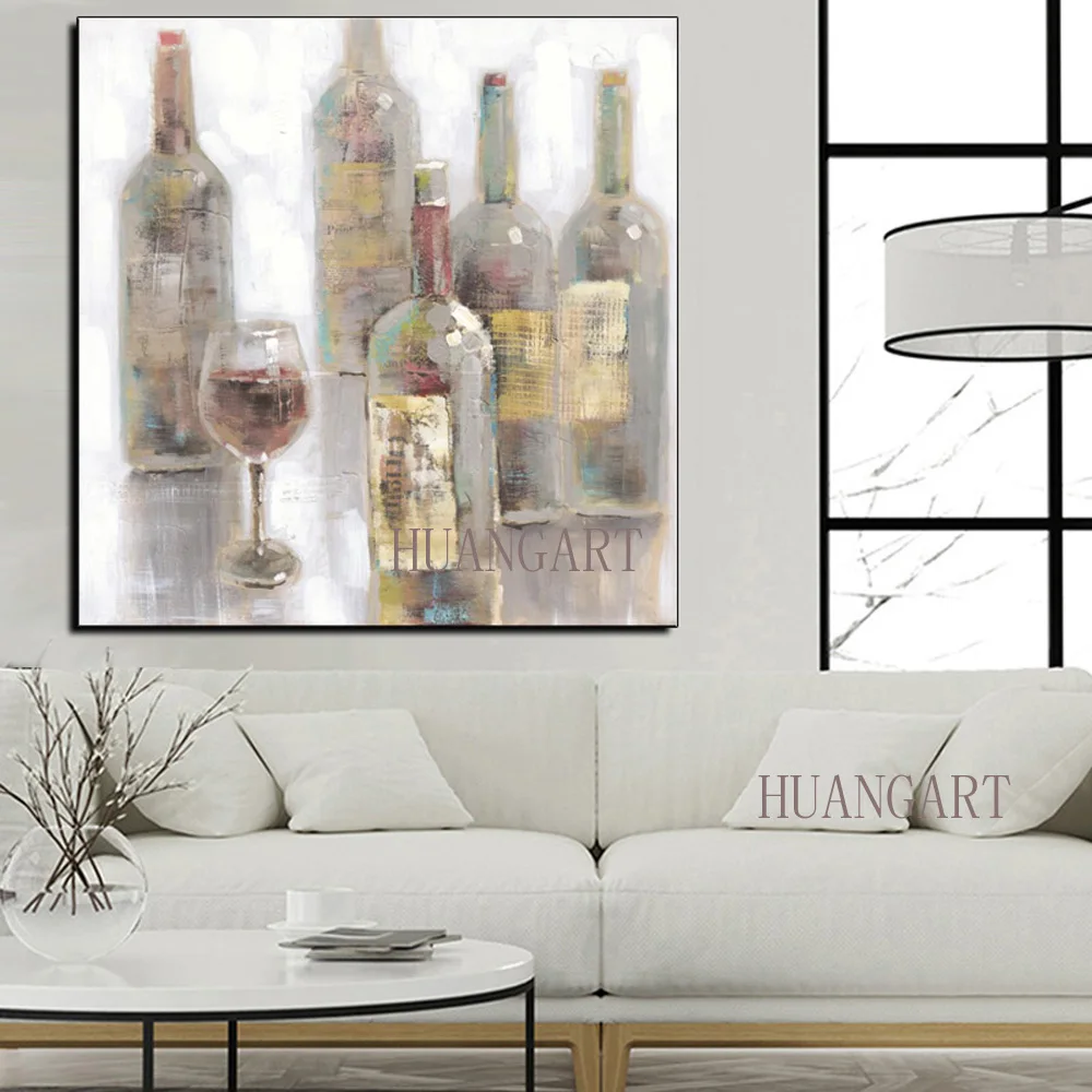 100% Handmade High Quality Abstract Colorful Bottles Oil Painting on Canvas Modern Wine Bottle Picture For kitchen | Дом и сад