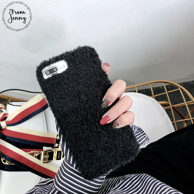От Jenny пушистый искусственный мех кудрявые волосы Телефон чехол для iPhone 6 6s 7 7plus 8
