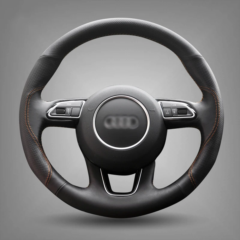 

Hand Sew Black Leather Car Steering Wheel Cover for Audi Q3 Q5 2013-2015