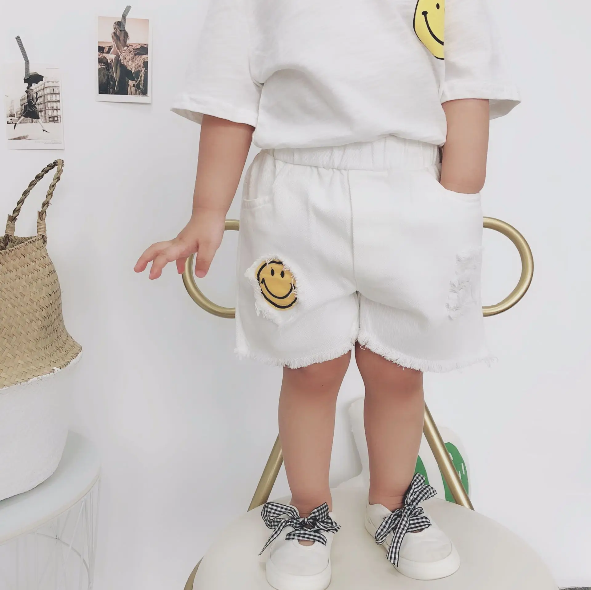 Детские джинсовые шорты Smile Face повседневные для малышей с нашивкой мультяшным