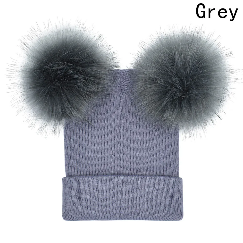 Зимняя детская шапка с двумя меховыми помпонами для мальчиков и девочек из