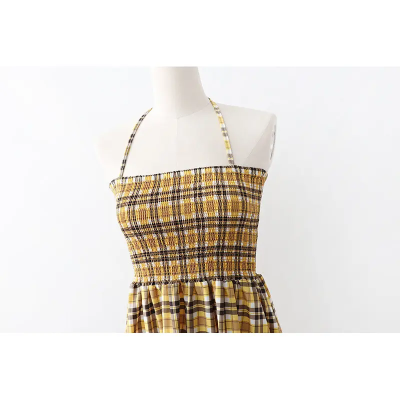 new 2019 plaid women dress spaghetti strap sleeveless a line long dresses summer yellow fashion party maxi chic ladies vestidos | Женская
