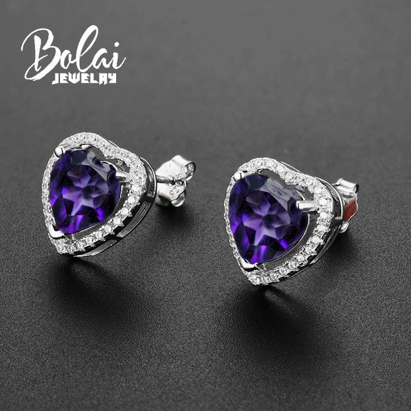 Bolaijewelry, в форме сердца сладкий романтический натуральный Африка серьги из драгоценных камней аметист 925 стерлингового серебра ювелирные украшения для женщин