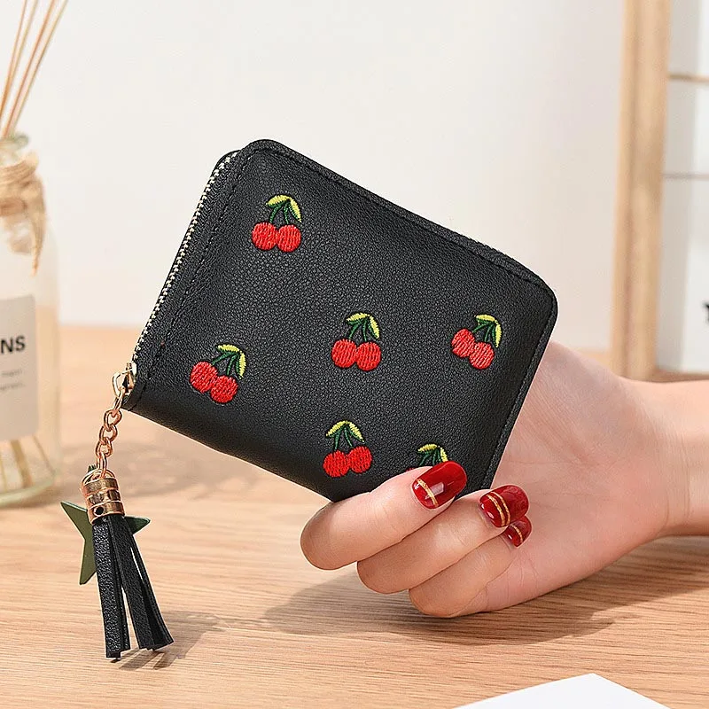 Женские кошельки, милые вишневые женские короткие кошельки на молнии с кисточками, женские клатчи, кошельки для карт, кошелек, сумки с карманами - Цвет: Black