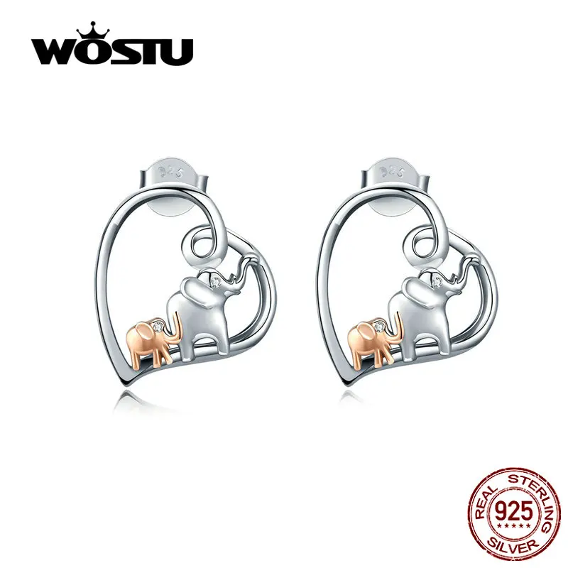 WOSTU/семейные серьги-гвоздики в виде слона с сердцем 100% Стерлинговое Серебро