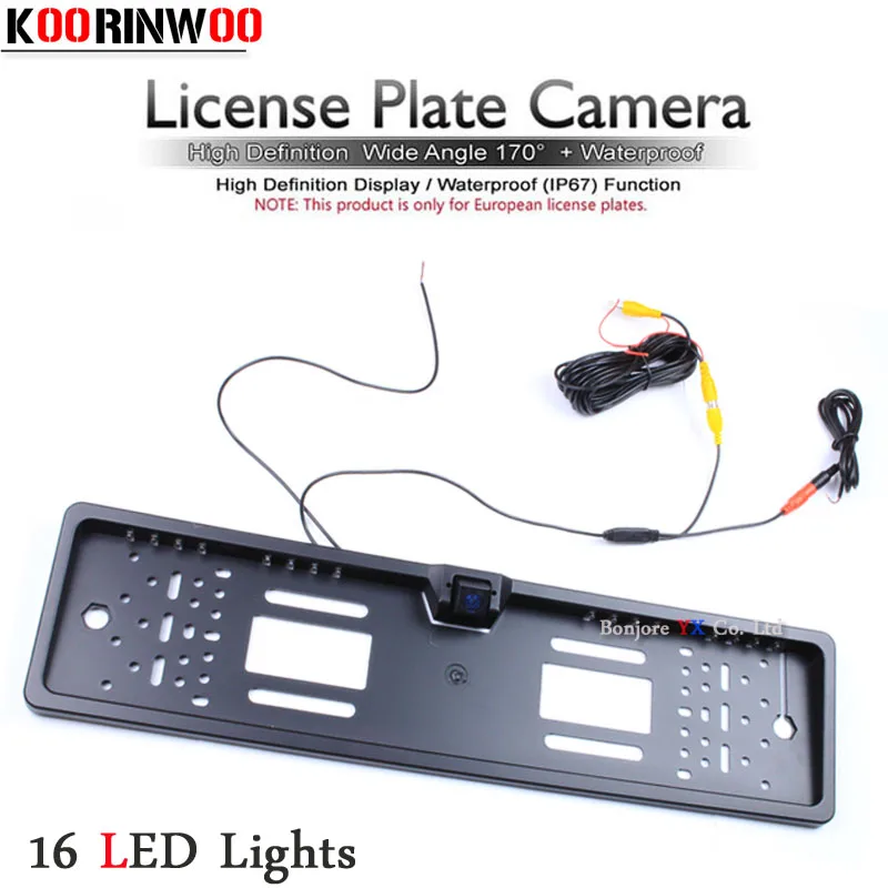 

Koorinwoo EU Car License Plate Frame Parking Camera 16 LED Lights Car Number Frame Backup Reverse Reversing Back up Cam