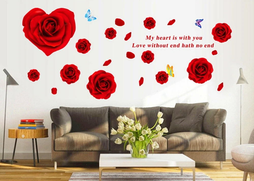 Big Red Rose Flowers 3d Wall Stickers Home Decor Sticker Flower Removable Background Red 60*90CM