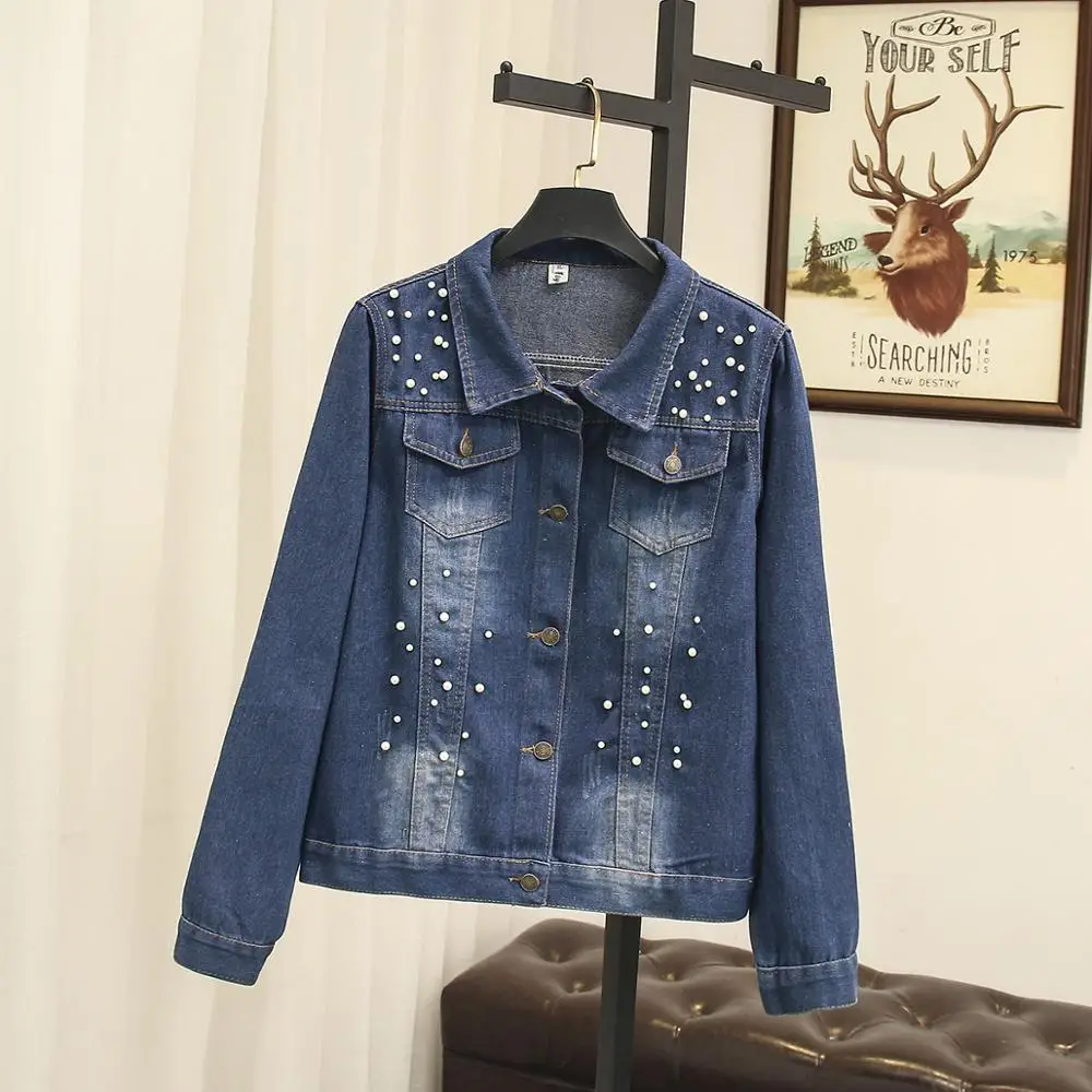 Plus size 5XL Denim Short Jacket Women Spring Autumn Beading Jeans Coat Female Long sleeve Casual Tops Basic Outerwear G192 | Женская
