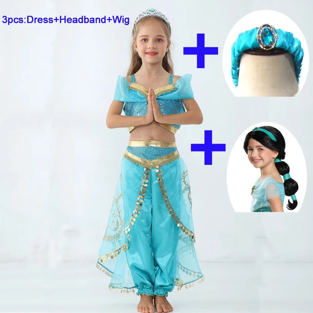 dress Wig Headband Костюм на Хэллоуин для девочек; платье принцессы костюм Жасмин из Сторибрука по Лампа Алладина Косплэй костюм наряд книга недели День защиты детей живота нарядное платье - Цвет: dress Wig Headband