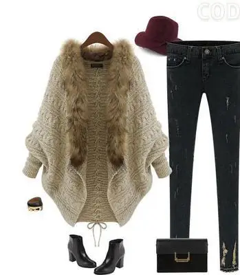 Женский вязаный кардиган с меховым воротником и рукавом летучая мышь |