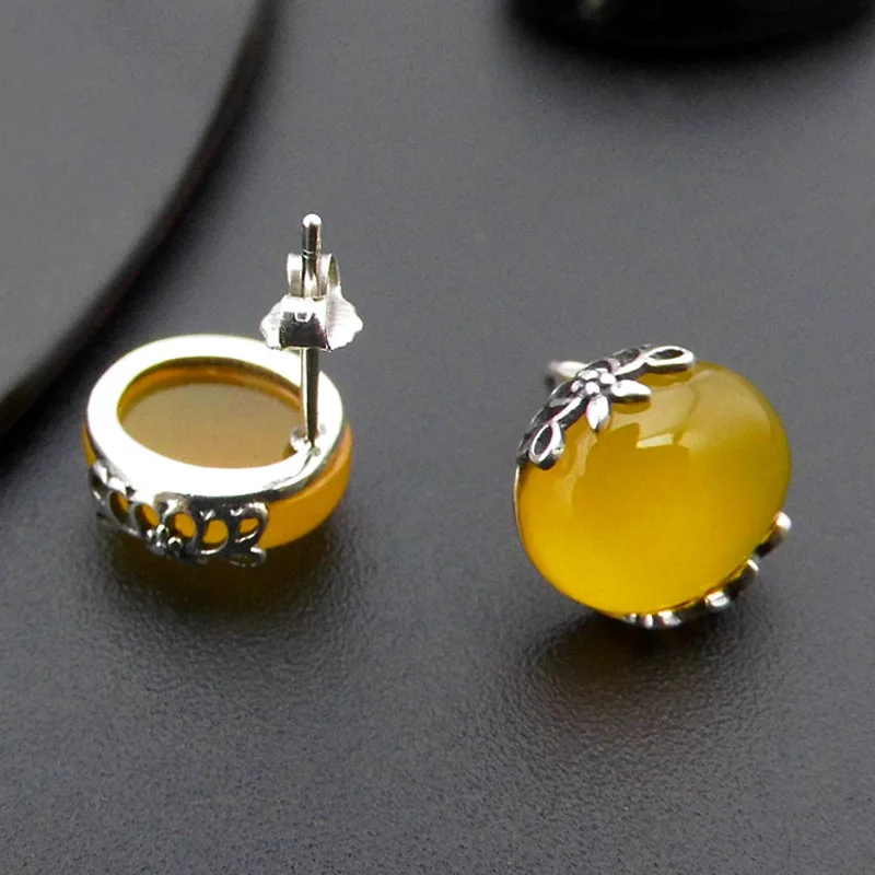 Женские серьги гвоздики из серебра 925 пробы с натуральным желтым агатом|stud