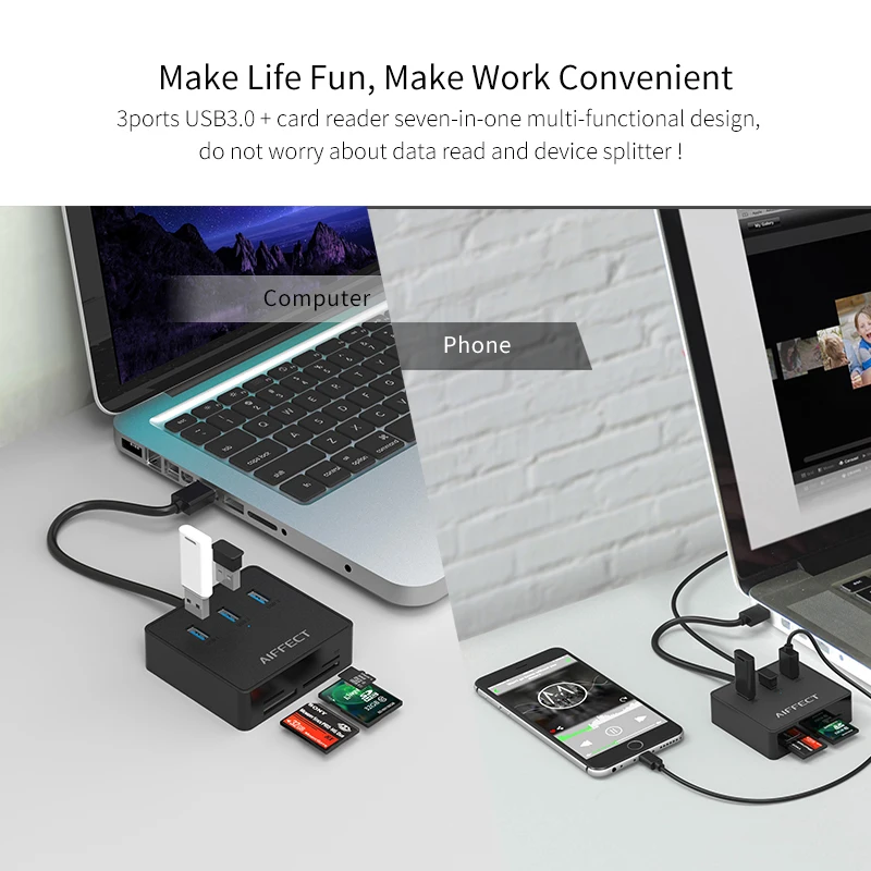 AIFFECT Multi Функция 3 Порты и разъёмы USB разветвитель 0 концентратор Combo кард ридер