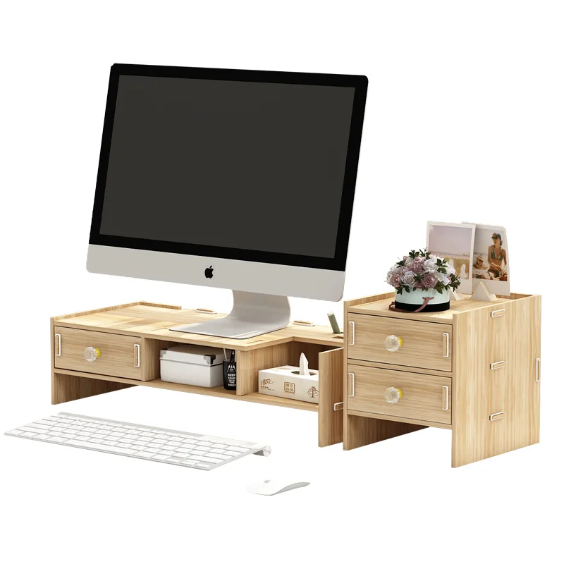 

Wooden Monitor Stand Riser Desktop Rack Computer Desk Organizer with Keyboard Mouse Storage Slots for Office Supplies School