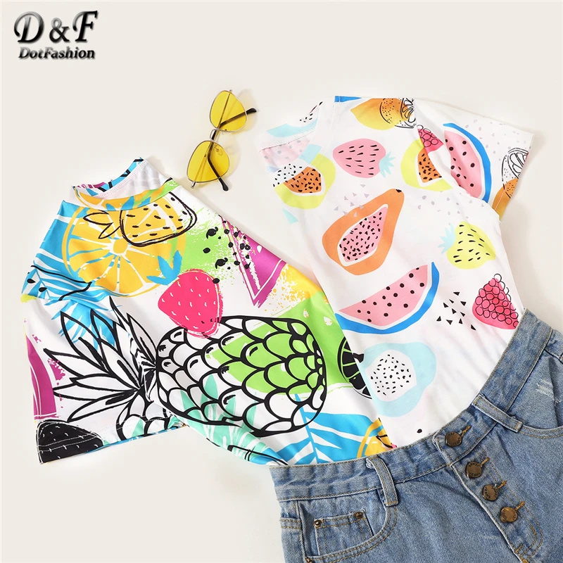 Dotfashion, женская бежевая футболка с фруктовым принтом,, летние повседневные топы с коротким рукавом, одежда для девушек, корейская мода, футболки