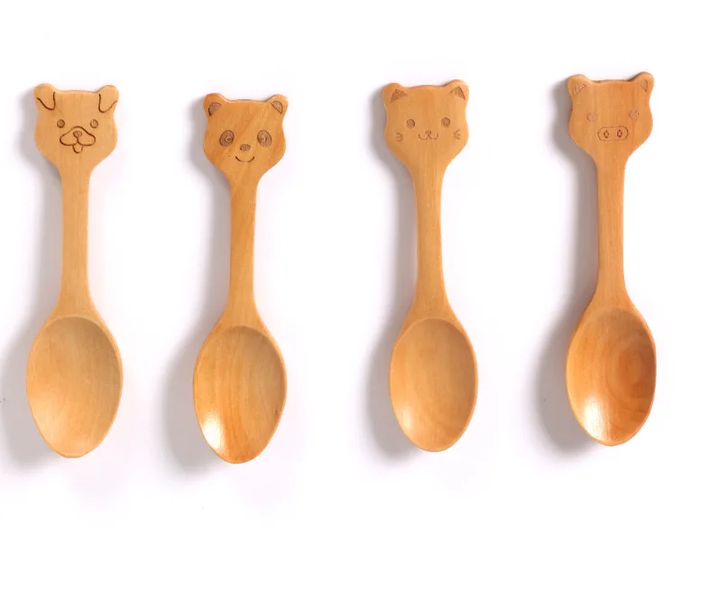 

100% Natural Wood Mini Spoon For Children Cute 4 Styles Animal Model Wooden Spoon Environmental Protection Tableware Free Ship