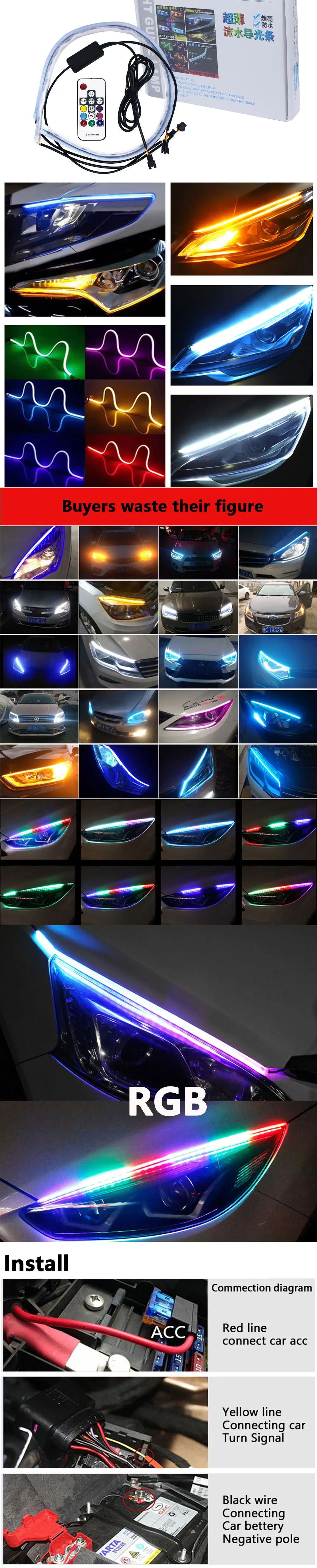 2 шт. RGB струящийся гибкий светодиодный DRL последовательный сигнал поворота светильник водонепроницаемый головной светильник полосы дневные ходовые огни дистанционное управление