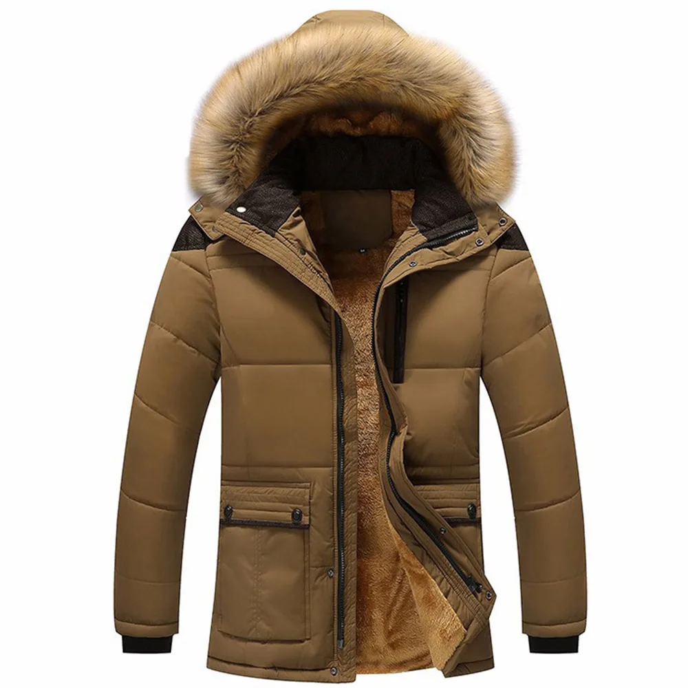 Dark Khaki Зимние мужские куртки из плотного флиса 5XL мужские пальто с меховым воротником и капюшоном Повседневная верхняя мужская куртка ветрозащитная JK18050 - Цвет: Dark Khaki
