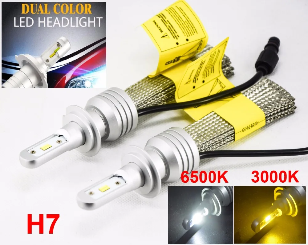 

1 Set H7 Dual-Color S5 LED Headlight 60W 8000LM LMILED ZES Chips Fanless 3000K 6500K Golden Yellow White Free Switch Lamp Bulbs
