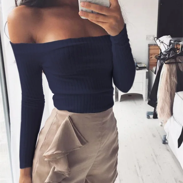 navy blue Новинка осени, короткий топ с открытыми плечами, футболки, горячая Распродажа, длинный рукав, одноцветные короткие футболки для женщин, модная облегающая футболка - Цвет: navy blue