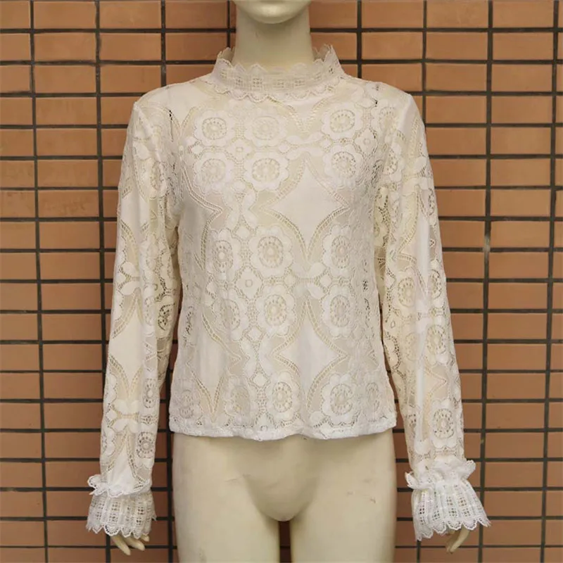 Элегантная женская кружевная блузка официальная белая рубашка с длинным рукавом